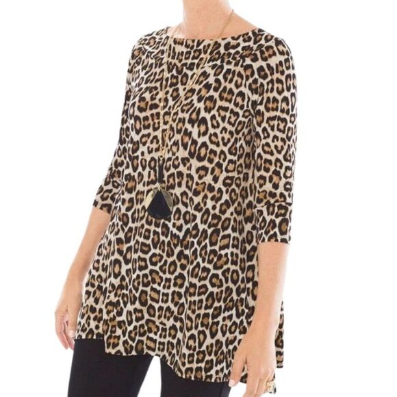 Chico's Cheetah Print Tunic Top Animal Print 3/4 Sleeve Casual Flowy Black 1 S M - Picture 1 of 15